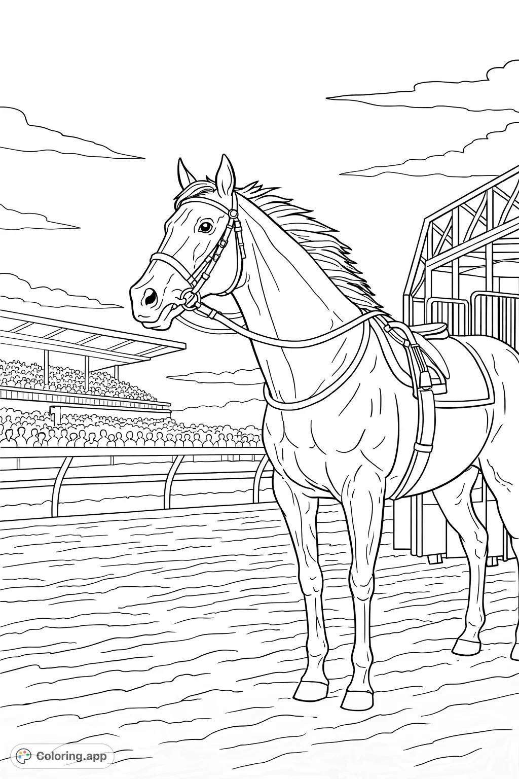 A detailed racehorse, complete with bridle and saddle, stands poised at the track with grandstands and a starting gate in the background.