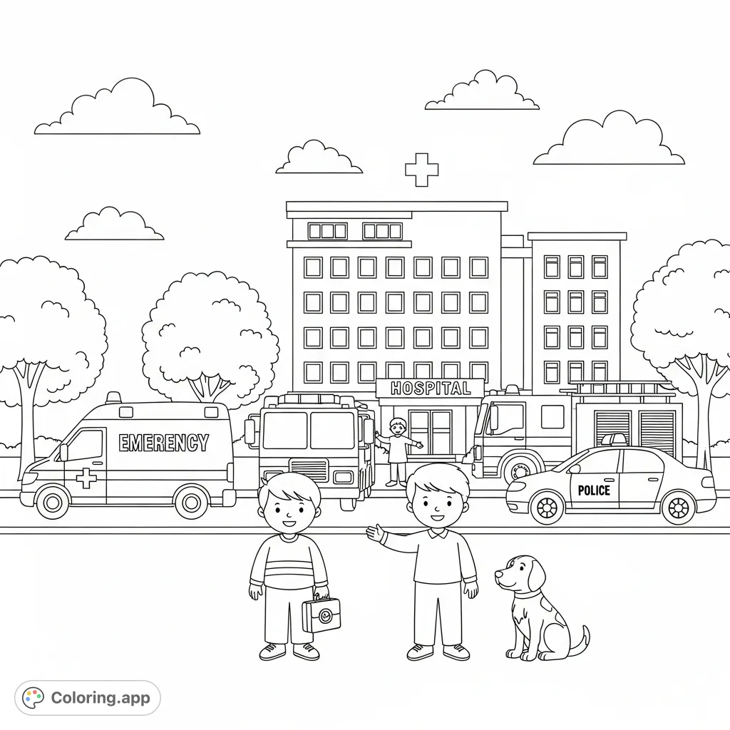 An engaging emergency preparedness coloring page featuring an ambulance, fire truck, police car, and hospital. Kids learn safety and community roles.