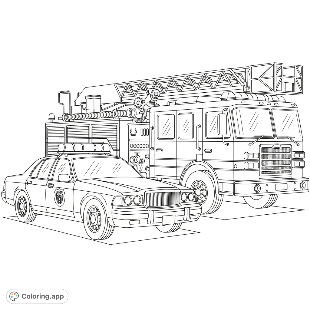 A dynamic emergency vehicles coloring page featuring a police car and a fire truck side-by-side, ready for action. Perfect for aspiring heroes!