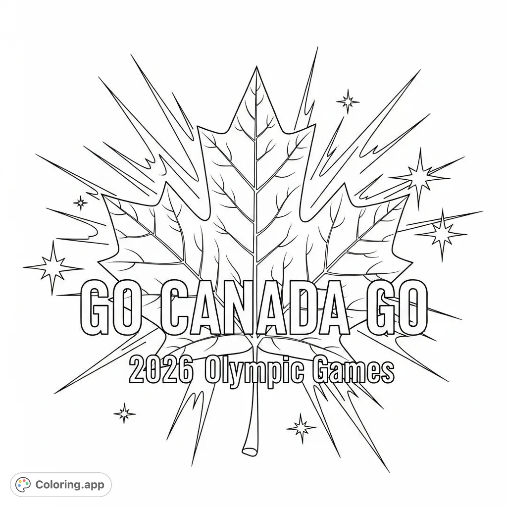 Celebrate national pride with this dynamic coloring page featuring 'GO CANADA GO' and a detailed Canadian maple leaf for the 2026 Olympic Games.