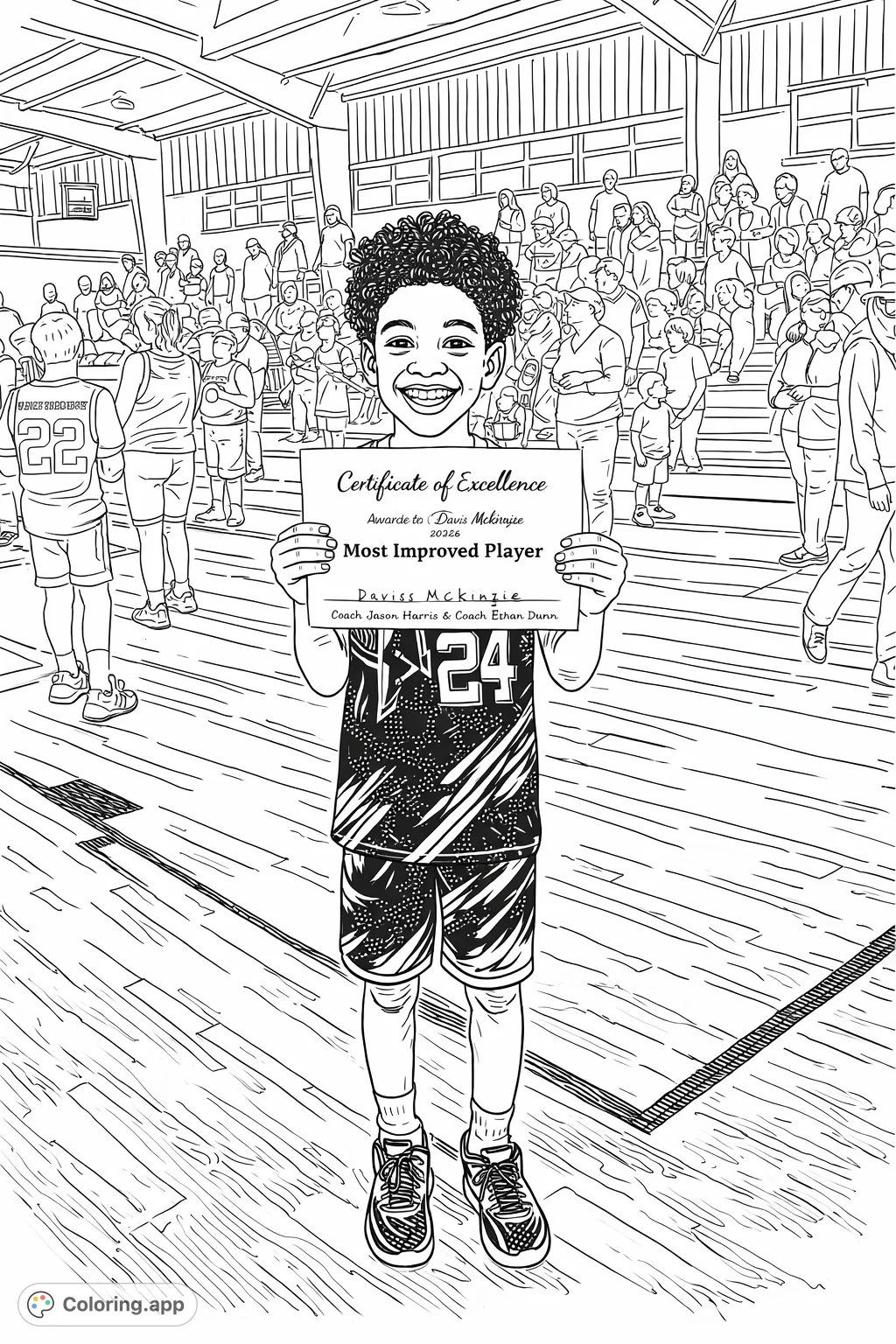 Celebrate a proud moment! A smiling young athlete holds his "Most Improved Player" certificate on a basketball court, surrounded by a lively crowd.