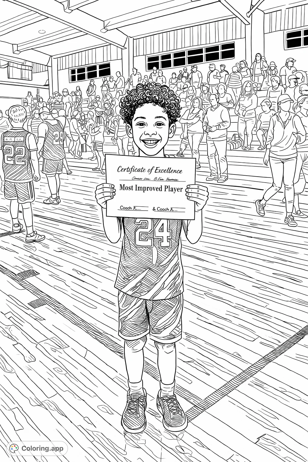 Celebrate a young basketball player's proud moment holding their "Most Improved Player" certificate on the court, surrounded by cheering spectators.