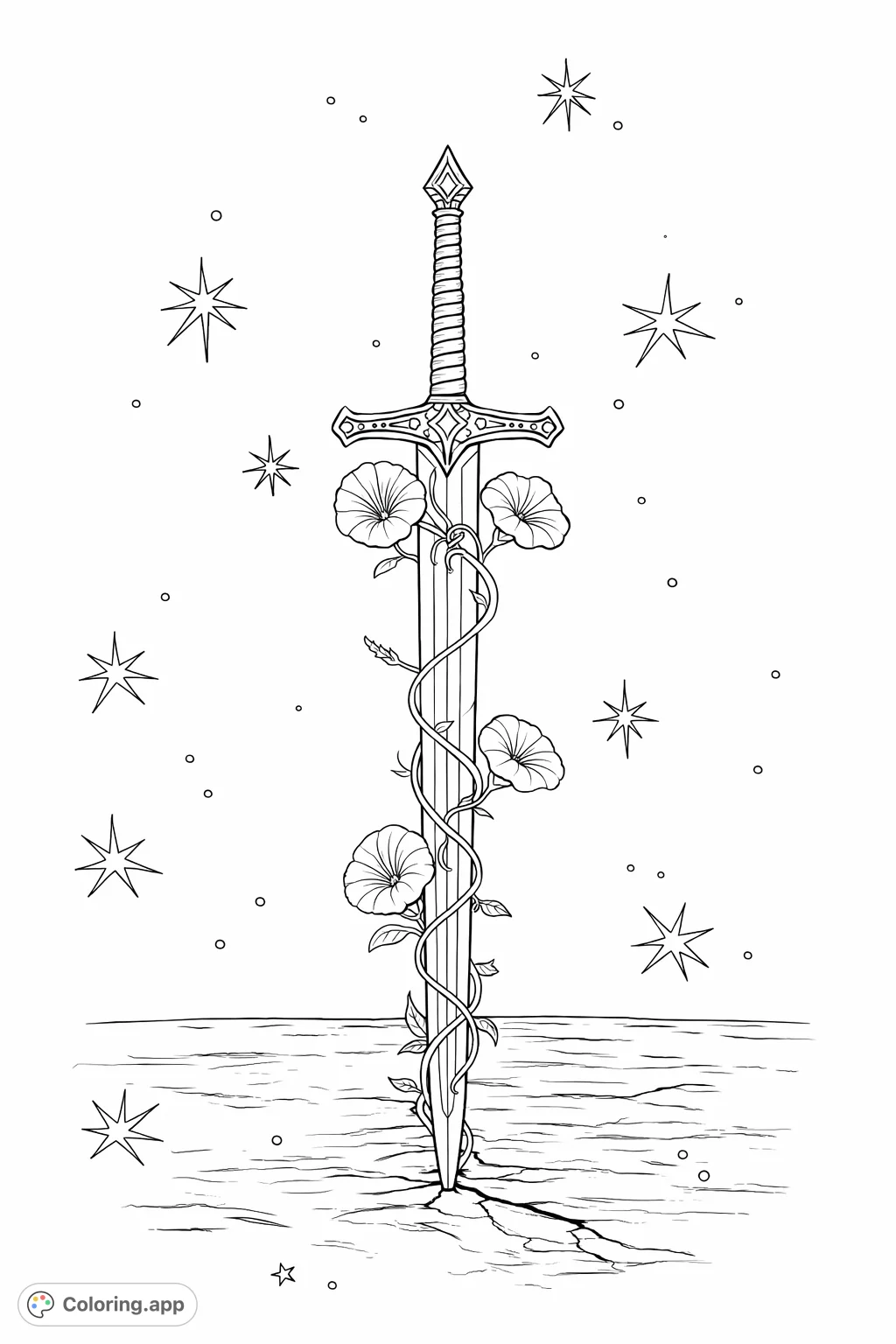 Unsheathe your creativity with this mystic sword and winding flower vine. Intricate details and cosmic sparkles offer a magical coloring experience.