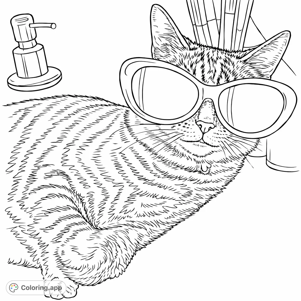 Chill out with this cool cat in stylish sunglasses! This fun coloring page features a striped feline relaxing, ready for your creative touch. Perfect for animal lovers!