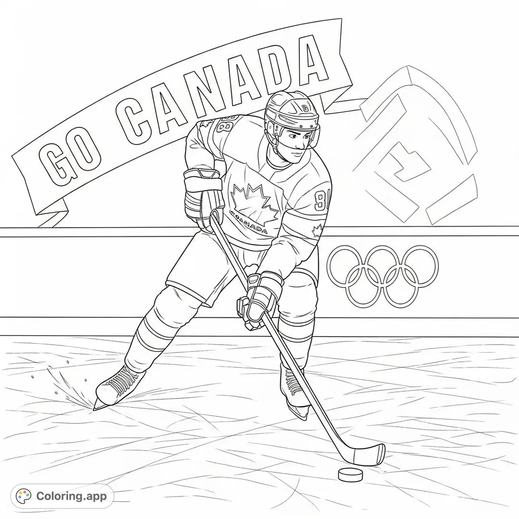 Capture the thrill of hockey with this Team Canada player coloring page. Features a dynamic shot, 'Go Canada' text, and the iconic Olympic logo.