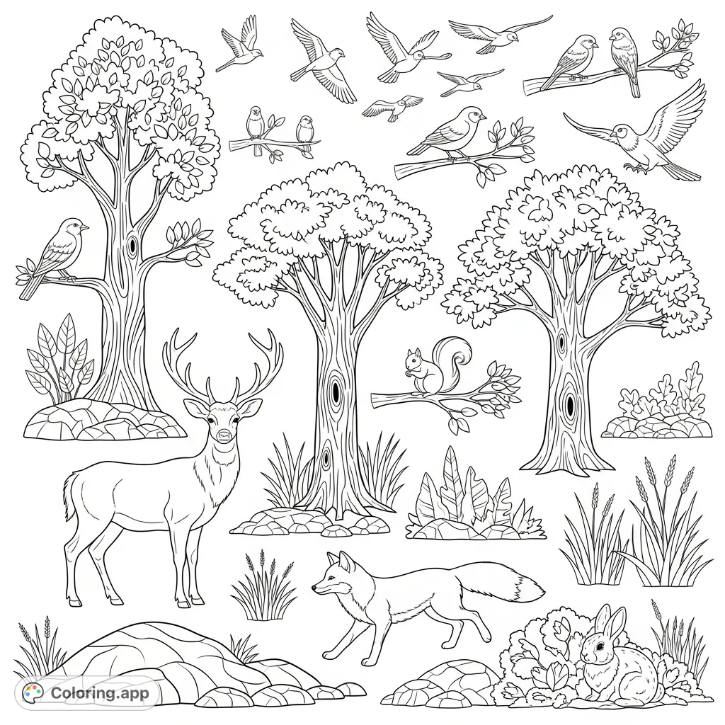 A detailed nature coloring page featuring distinct trees, animals, and birds, perfect for cutting out and incorporating into various creative projects.