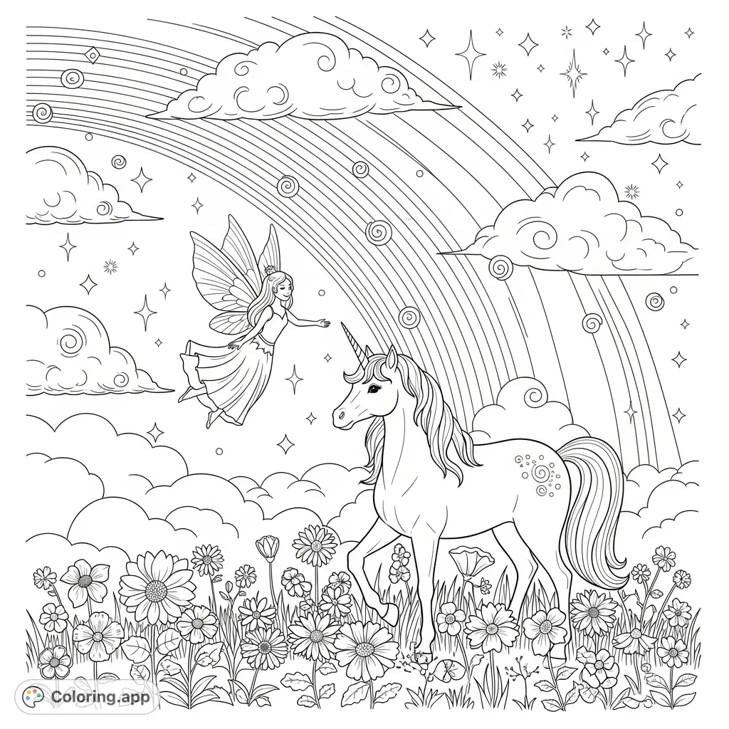 Unicorns, fairies, and magic abound in this enchanting coloring page. Explore a whimsical world filled with fantasy creatures and ethereal beauty.