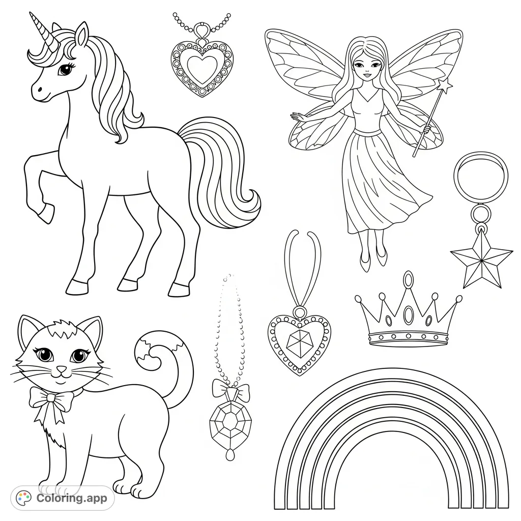 Discover a delightful collection of unicorns, fairies, kitties, jewelry, and rainbows, perfect for coloring and cutting out for imaginative play!