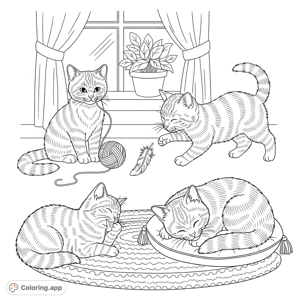 Discover an adorable collection of playful small cats in a cozy home setting, perfect for bringing vibrant life to each furry friend. A charming small cats coloring page!
