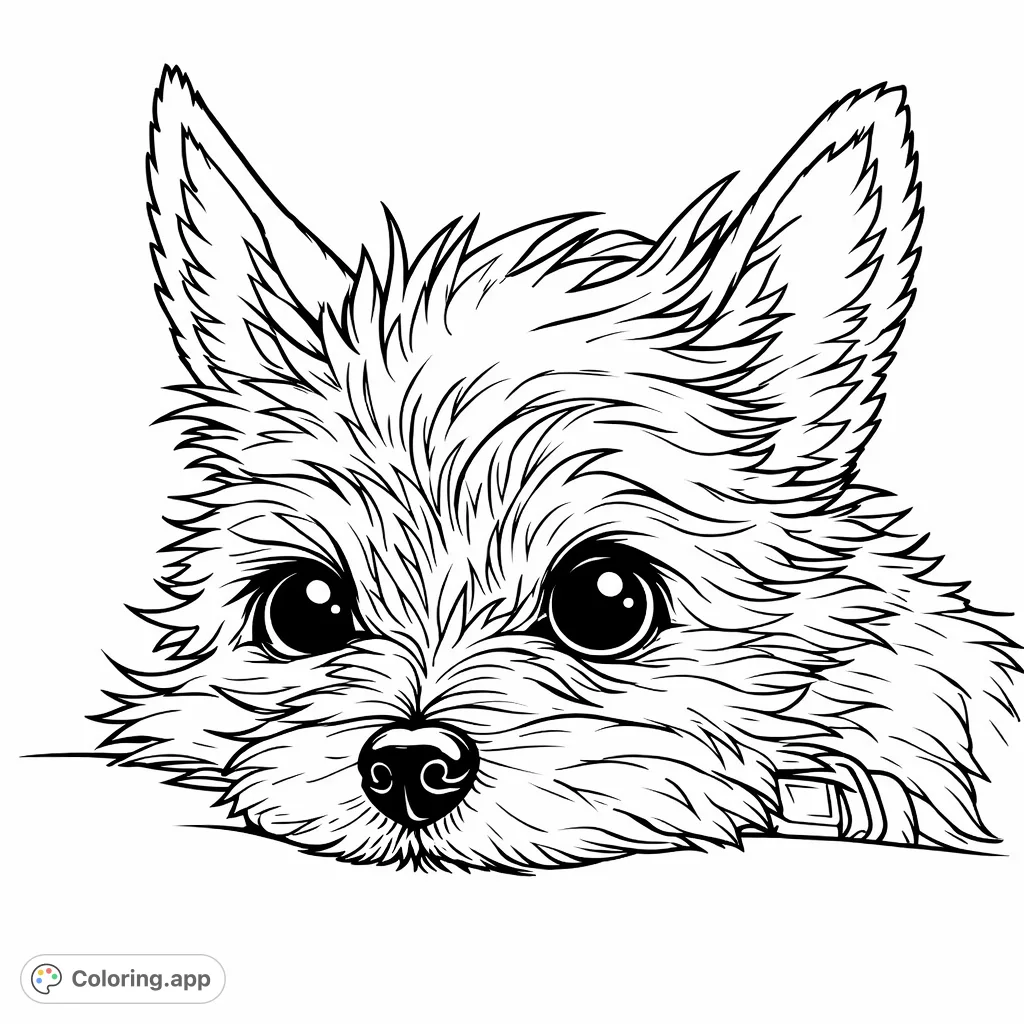 Discover this adorable fluffy puppy face coloring page, perfect for all animal lovers! Enjoy coloring its expressive eyes and textured fur.