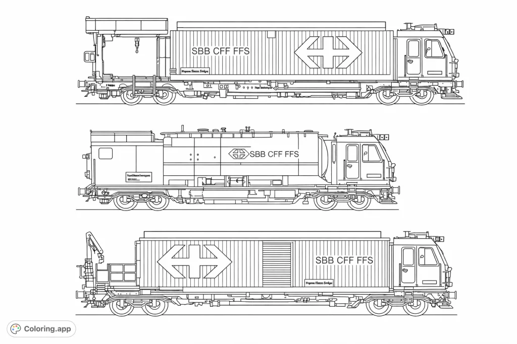 Explore intricate railway vehicle designs! This coloring page features three detailed diagrams of specialized trains, perfect for enthusiasts and those who love complex machinery.