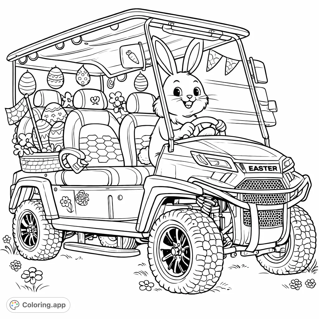 Get ready for fun with this Easter Bunny racing cart coloring page! Featuring a cheerful bunny driving a decorated, cartoony vehicle, perfect for kids and Easter celebrations.