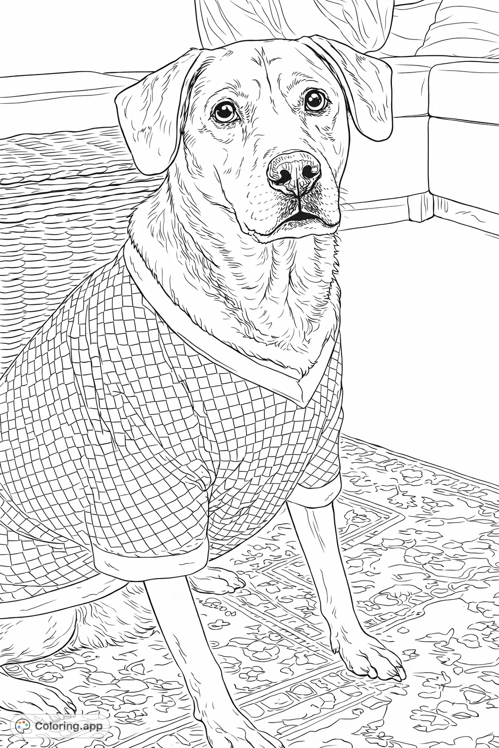 An adorable dog sits wearing a stylish checkered shirt. This charming dog coloring page features a sweet companion in a fun outfit, ready for your creative touch.
