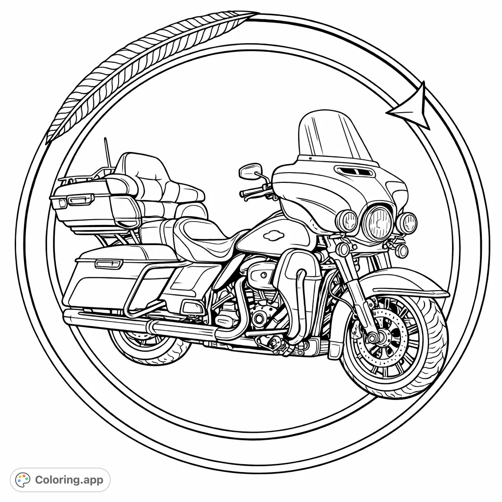 Color a detailed touring motorcycle set within a decorative circular emblem featuring a feather and an arrow. Perfect for vehicle enthusiasts!