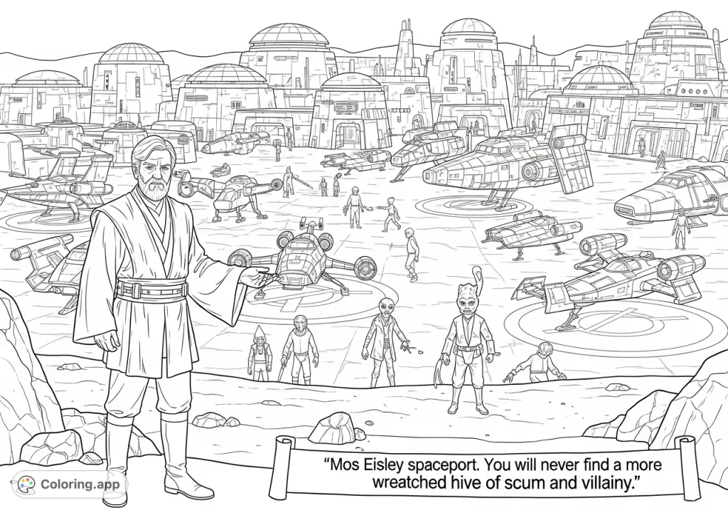 Explore the iconic Mos Eisley spaceport with Obi-Wan Kenobi, featuring diverse ships, alien figures, and the legendary quote. A Star Wars adventure!