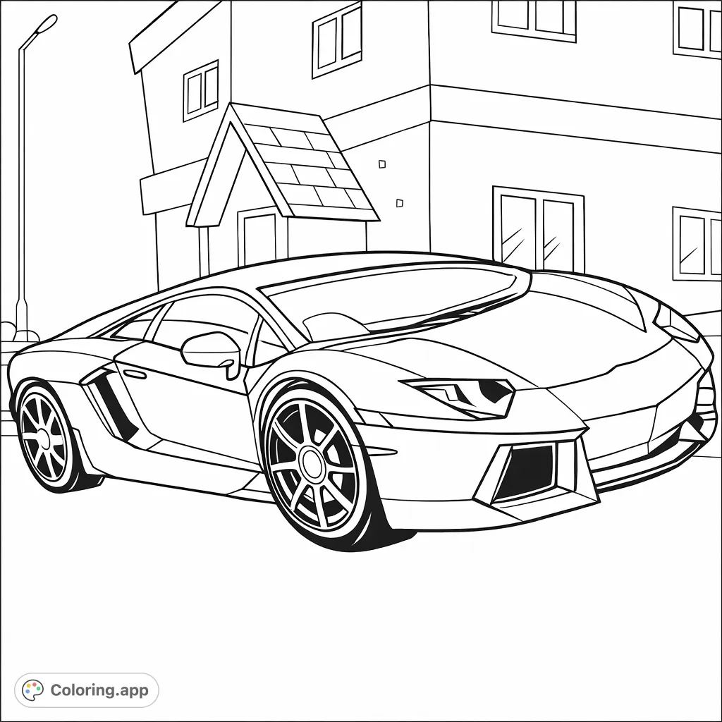 Color a dynamic sports car featuring sharp angles and bold details, set against a backdrop of urban buildings and a clear road. Perfect for vehicle enthusiasts.