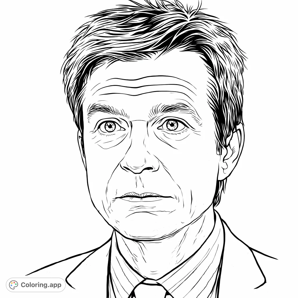 A detailed portrait of a man with a focused expression, featuring a striped shirt and suit jacket. Ideal for adult colorists seeking a realistic human subject.