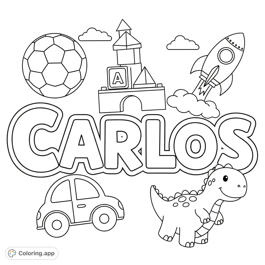 A fun Carlos name coloring page featuring large, engaging letters surrounded by playful boy-themed objects like soccer balls, toy cars, and dinosaurs. Perfect for kids!