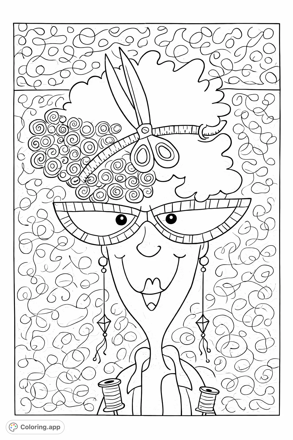 A playful portrait of a whimsical woman adorned with sewing tools, featuring striped glasses, an expressive smile, curly hair, and spools of thread.