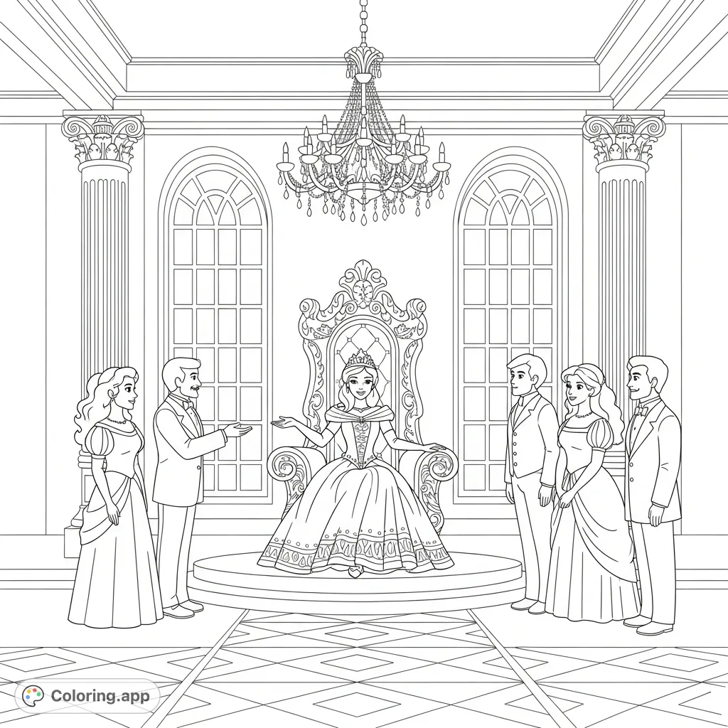 A regal princess sits on an ornate throne in a grand ballroom, gracefully greeting visitors. Perfect for princess coloring page enthusiasts.