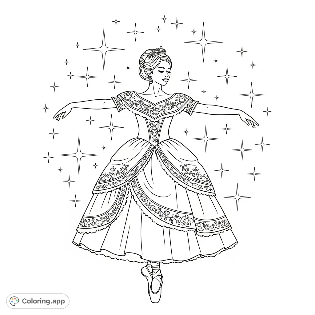An elegant Quinceanera girl in a traditional ballet dress, posing en pointe amidst sparkling stars. An enchanting scene perfect for graceful coloring.