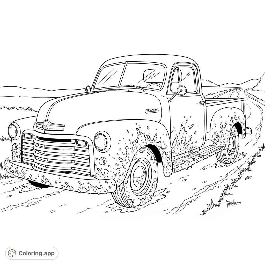 Explore an old-fashioned pickup truck coloring page, caked in textured mud, perfect for vehicle enthusiasts and fans of classic automobiles.