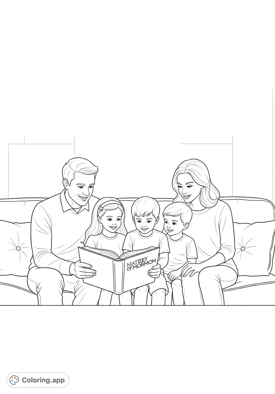 A heartwarming family coloring page featuring a dad, mom, sister, and brother on a sofa, reading the Book of Mormon together. Simple for young colorists.