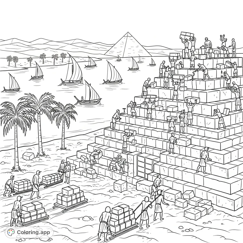 Witness the monumental task of pyramid building in ancient Egypt. This detailed coloring page features workers, the Nile River, and majestic palm trees.