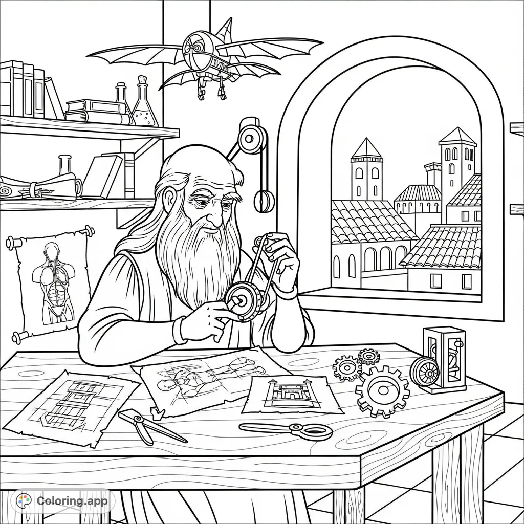 Leonardo da Vinci in his Renaissance workshop, engrossed amidst inventions, sketches, tools, and books, with a bustling cityscape beyond an arched window.