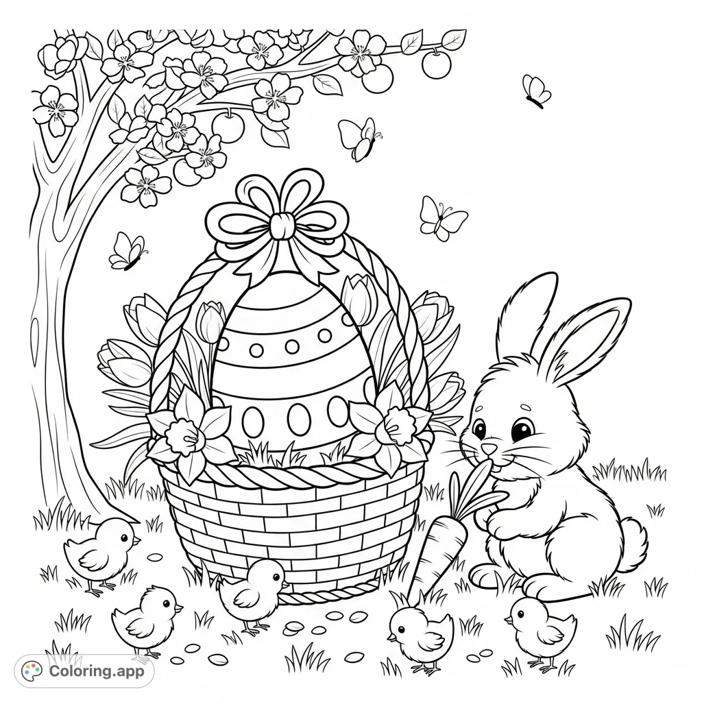 Explore a charming Easter scene with a prominent decorated egg in a flower-filled basket, a fluffy bunny, tiny chicks, and fluttering butterflies under a blooming cherry tree.