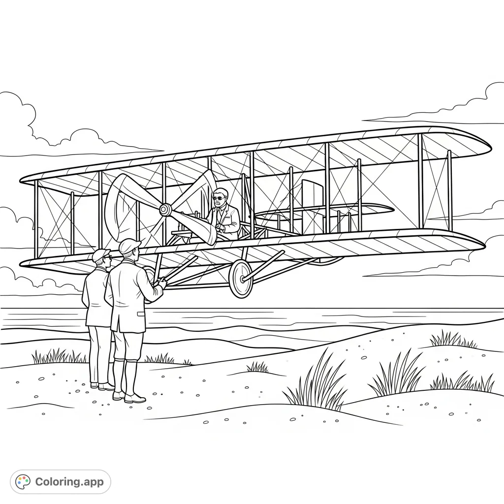 Witness history unfold with this Wright Brothers first flight coloring page, featuring "The Flyer" soaring above Kitty Hawk's dunes.