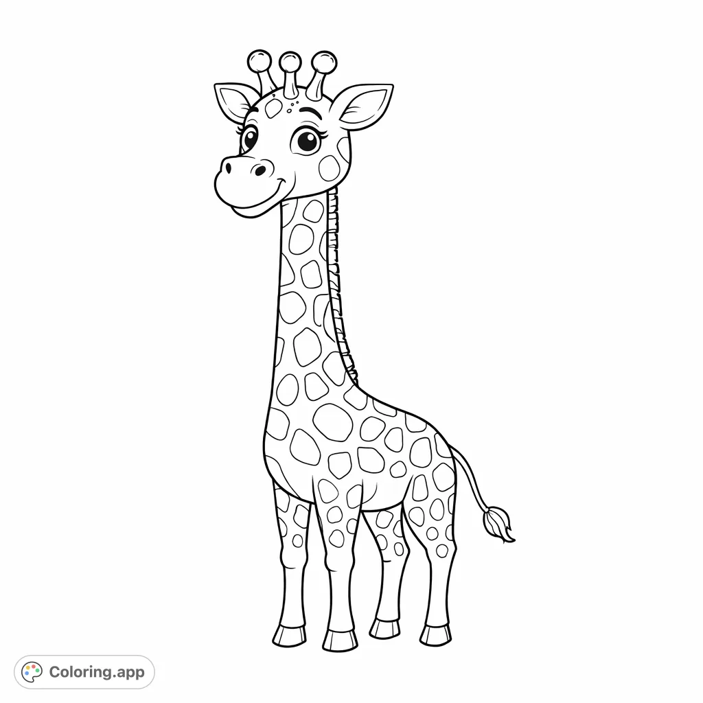 Discover a delightful cartoon giraffe with expressive features and unique patterns, ready for your creative touch. Perfect for young animal enthusiasts!