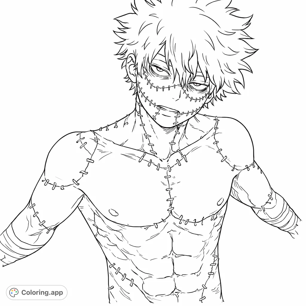 Unleash your creativity on this anime-style character coloring page featuring intricate scar textures, spiky hair, and an intense expression. Perfect for fans of detailed designs.