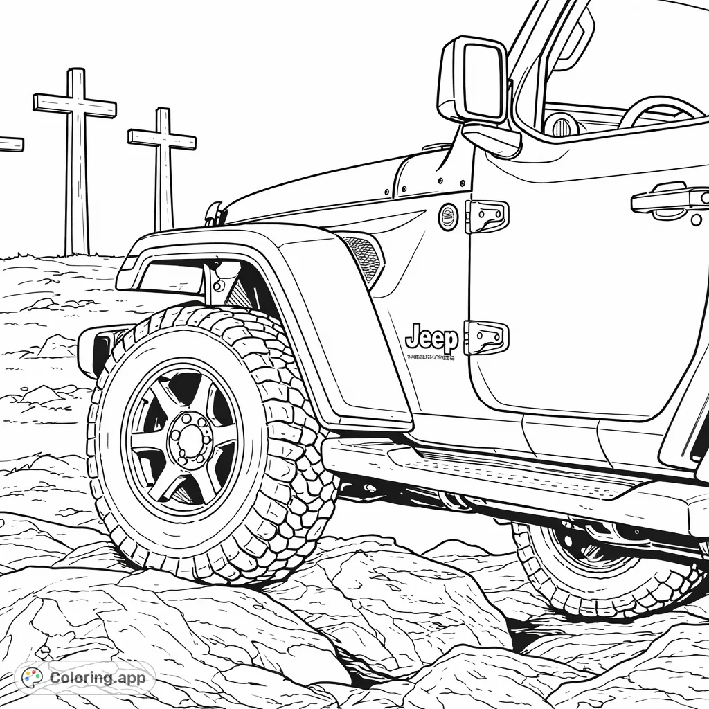 A rugged off-road vehicle conquers a rocky path, with three symbolic crosses silhouetted on a distant hill. A powerful scene of adventure and reflection.