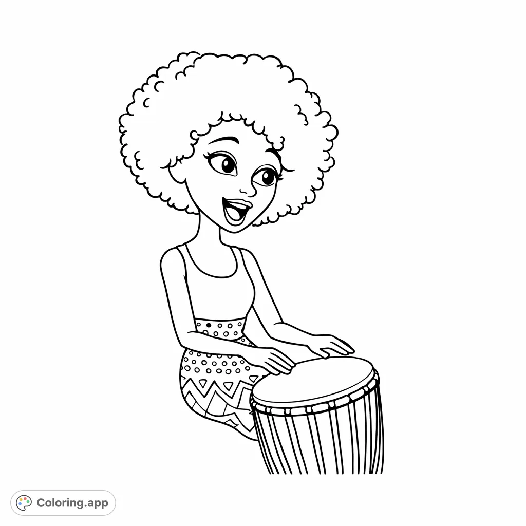 Join this vibrant character playing her drum! A delightful cartoon scene with a musical theme, perfect for expressive coloring and celebrating rhythm.