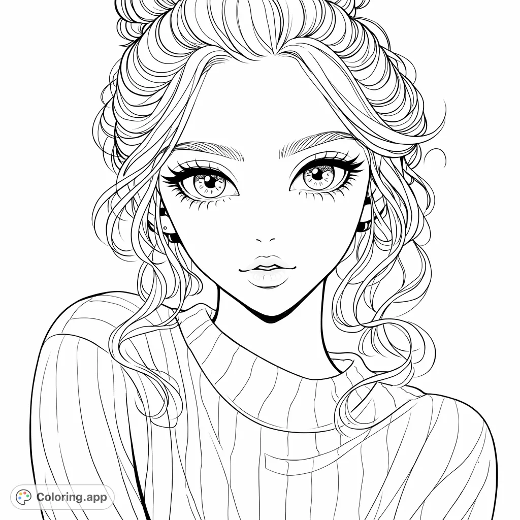 A captivating portrait of a young woman featuring a stylish messy bun and wavy hair, large expressive eyes, and a subtly patterned top, perfect for creative expression.