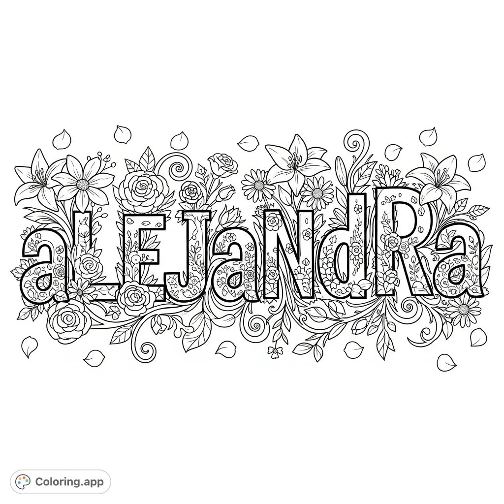 Experience the beauty of aLEjaNdRa's name transformed into intricate botanical art. Lush roses, lilies, and daisies adorn each detailed letter, perfect for floral enthusiasts.