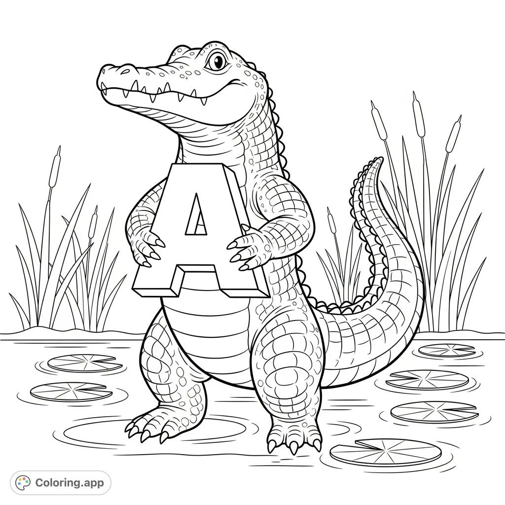 Discover a friendly alligator holding the letter 'A' amidst swamp grasses and lily pads. A fun and educational alphabet coloring page for kids.