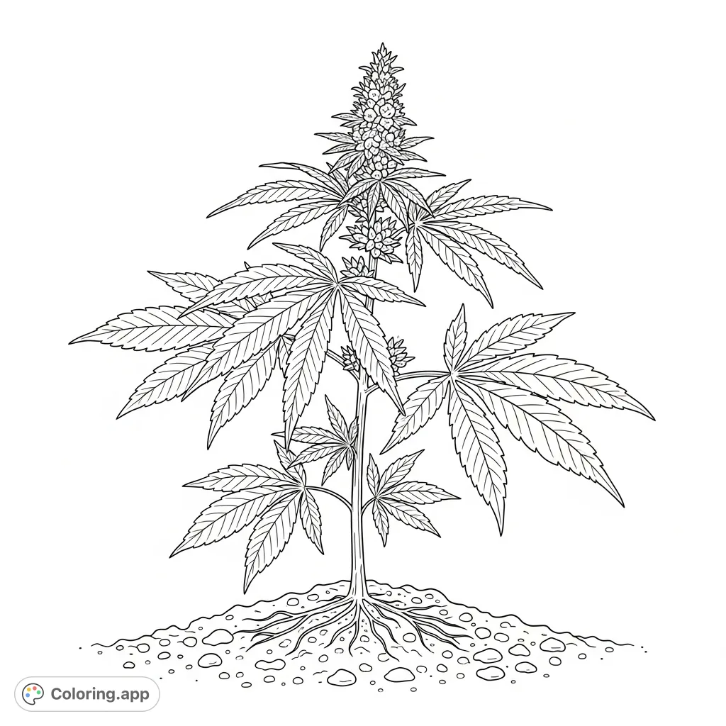 Detailed coloring page featuring a cannabis plant emerging from textured soil. Focus on its distinctive palmate leaves and developing buds for mindful coloring.