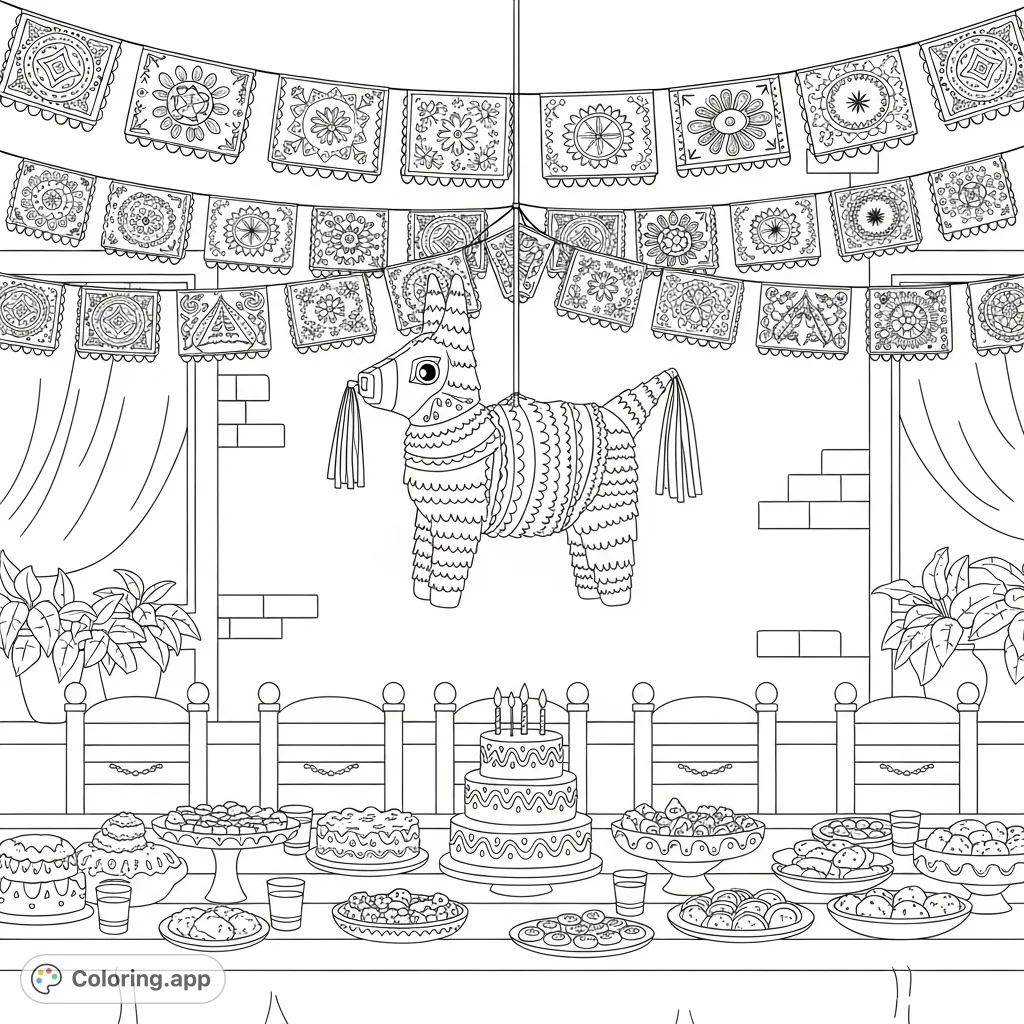 Celebrate with this festive Mexican birthday party coloring page! Features a piñata, papel picado, and a table laden with treats. Fun for all ages.