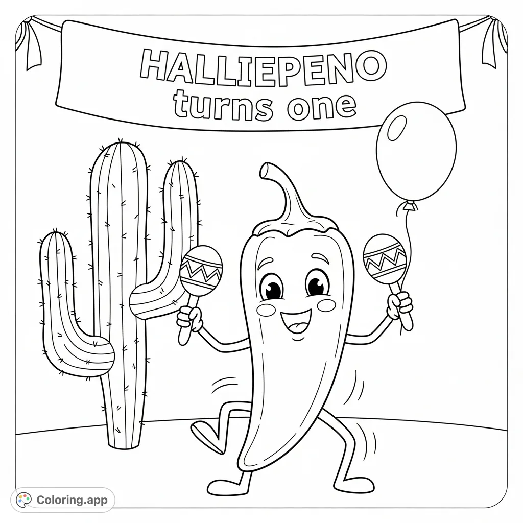 Celebrate Halliepeno's first birthday with this lively coloring page featuring a dancing jalapeno, maracas, a cactus, and a festive 'Halliepeno turns one' banner!