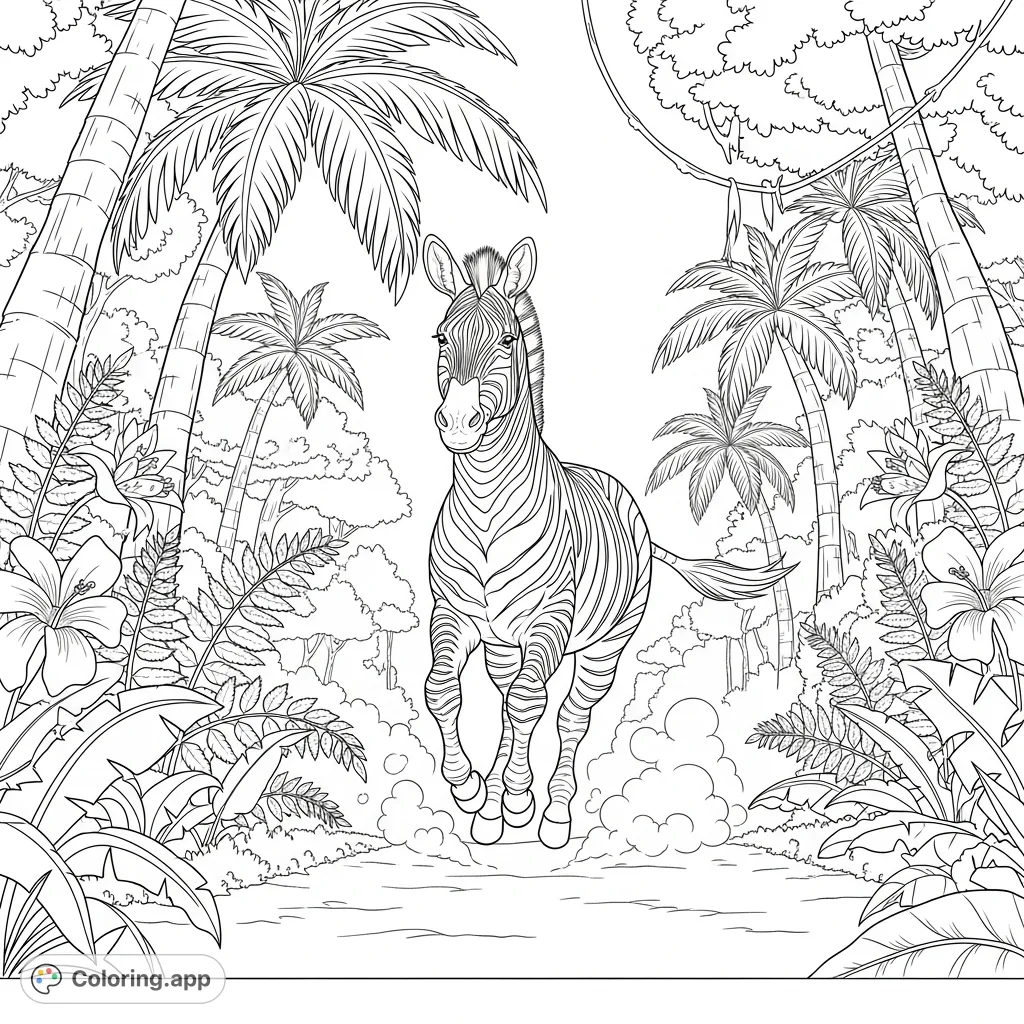 Capture the spirit of the wild with this dynamic zebra coloring page. A powerful zebra races through a lush jungle, surrounded by towering palms and ferns.