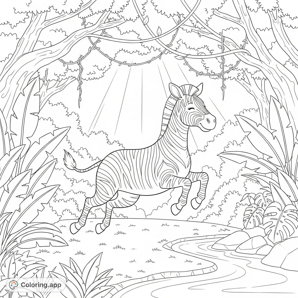 A playful zebra leaps through a sun-dappled jungle clearing, surrounded by lush plants and a winding stream, inviting colorists to bring its vibrant habitat to life.