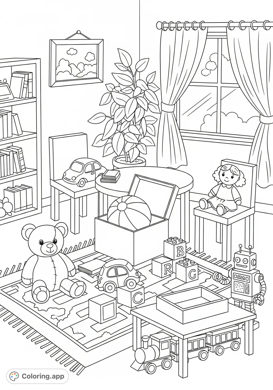 Explore a lively playroom scene where a teddy bear, toy car, and friends illustrate spatial prepositions. Perfect for learning and creative coloring!
