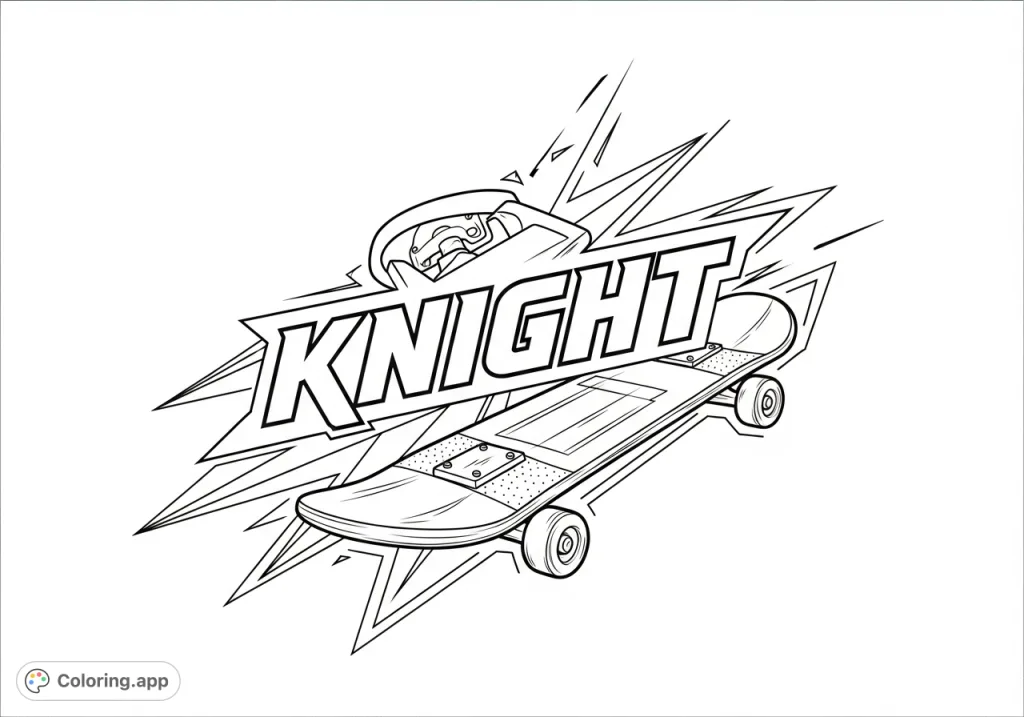 A powerful skater logo featuring the word 'Knight' surrounded by dynamic skateboard elements and bold, angular designs, perfect for a free printable coloring page.