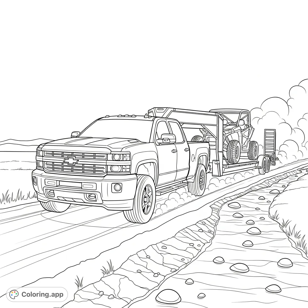 Experience the open terrain with this Chevy truck and gooseneck trailer in motion, complete with billowy dust and detailed dry creek bed patterns.