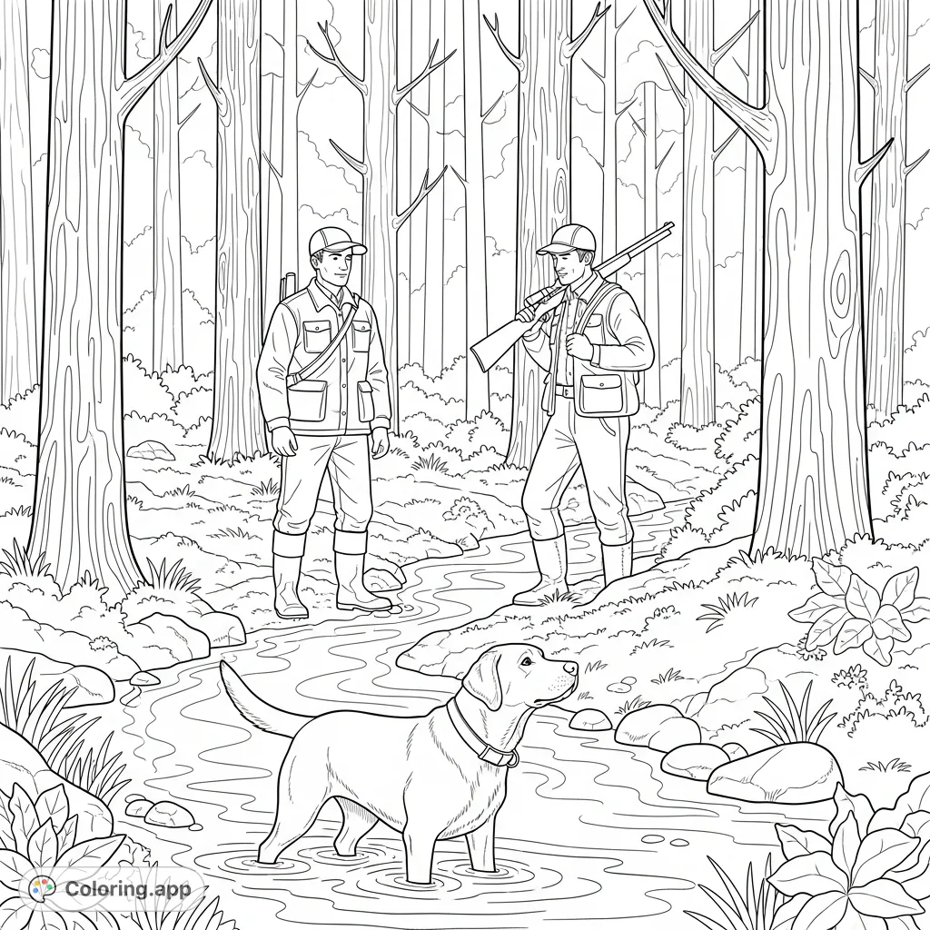 An immersive forest scene with two hunters and a loyal Labrador retriever wading in a gentle stream, perfect for nature and hunting enthusiasts.