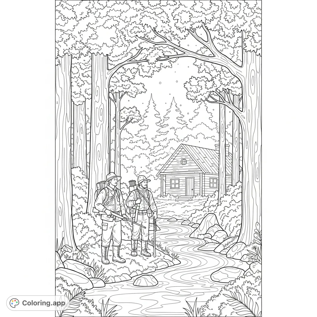 Two hunters stand by a tranquil river in a dense night forest, with a rustic cabin nearby. A detailed hunter coloring page for outdoor enthusiasts.
