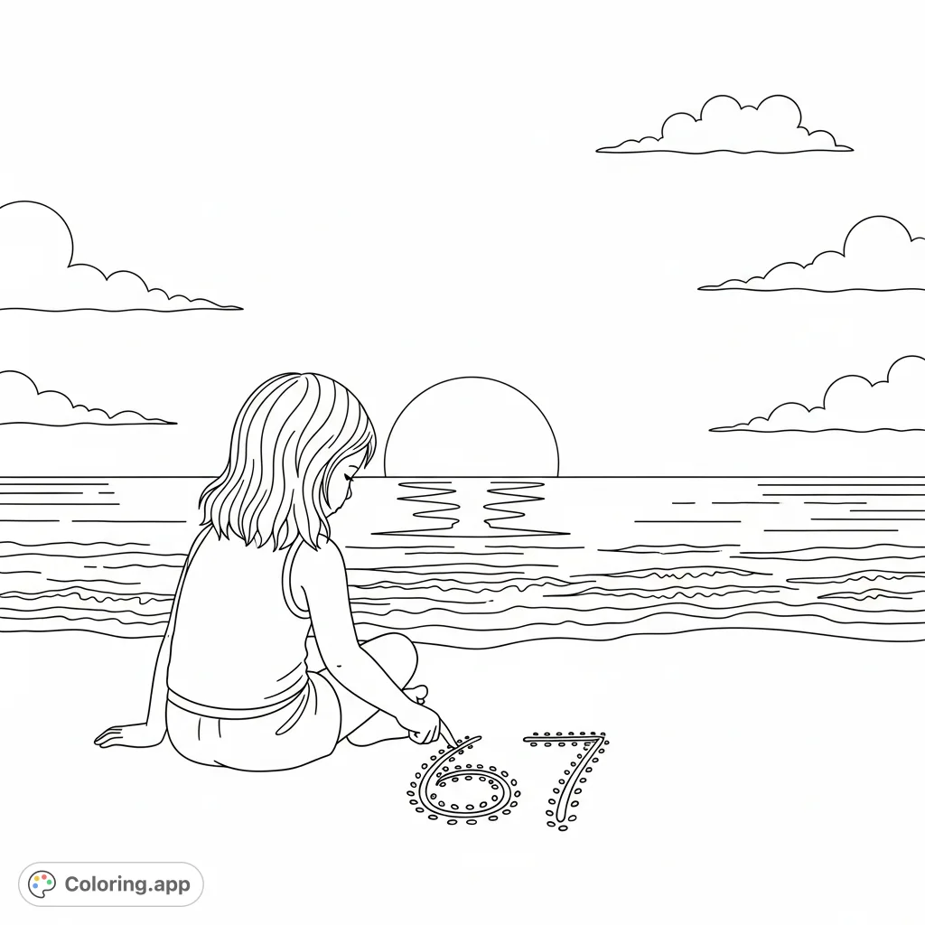 A serene beach sunset coloring page featuring a little girl drawing '67' in the sand, perfect for peaceful and imaginative coloring.