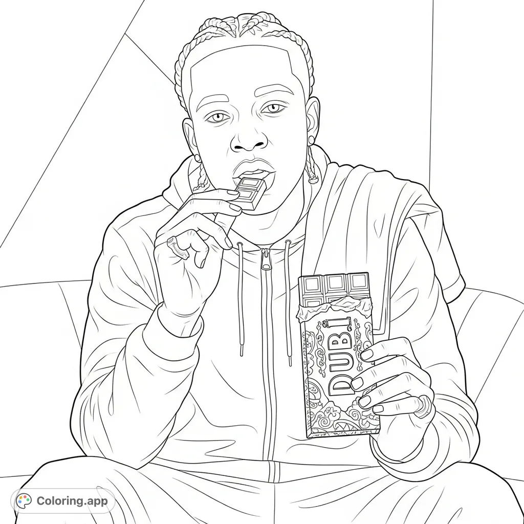 An engaging NBA YoungBoy coloring page featuring the artist enjoying a Dubi chocolate bar. Perfect for fans to customize with unique colors and artistic flair.